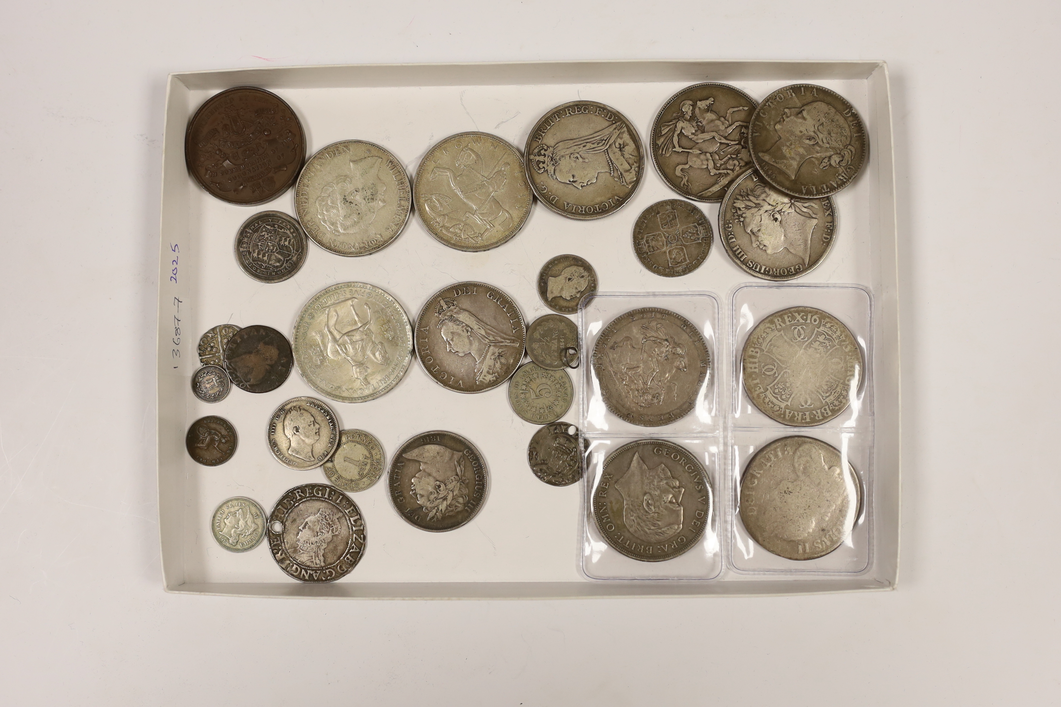 British silver coins, Charles II to George V, including two Charles II crowns 1673 and 1676, a George III crown 1820 VF or better, George V crown 1932, VF, four various crowns, 1821, 1845, 1895 and 1889, a double florin